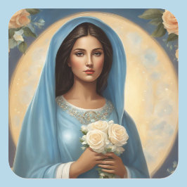 Pegatina Cuadrada Joven Virgen María con rosas blancas
