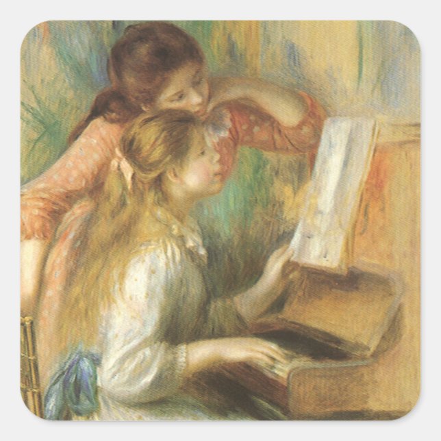 Pegatina Cuadrada Jóvenes Chicas en Piano por Pierre Renoir (Anverso)