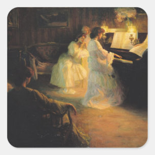 Pegatina Cuadrada Jóvenes Chicas en un piano, 1906