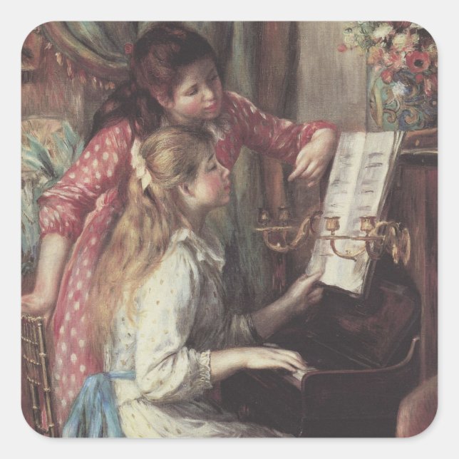Pegatina Cuadrada Jóvenes muchachas en el piano de Pierre Renoir (Anverso)