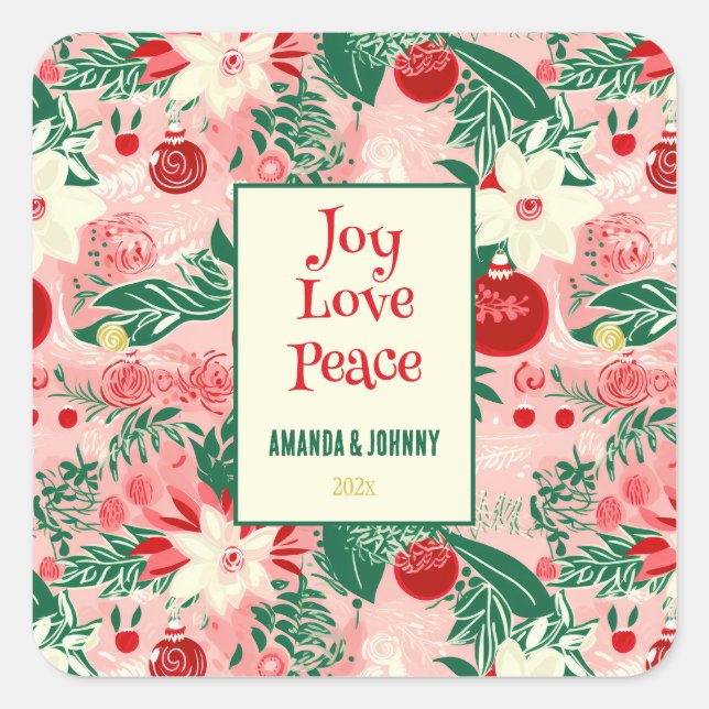 Pegatina Cuadrada Joy Love Peace Colorful Floral (Anverso)