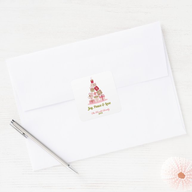 Pegatina Cuadrada Joy Peace and Love Christmas Tree Card (Sobre)