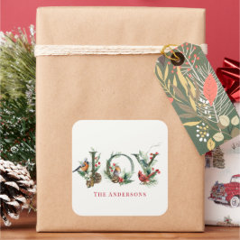 Pegatina Cuadrada JOY Pine Cone Red Berry Birds Navidades de vacacio