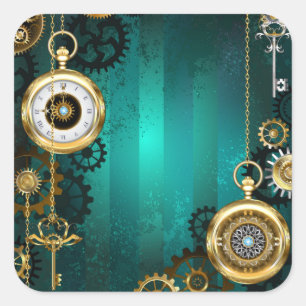 Pegatina Cuadrada Joyería Steampunk Reloj en un fondo verde