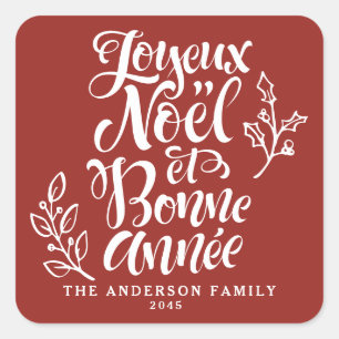 Pegatina Cuadrada Joyeux Noël et Bonne Année Holiday Red
