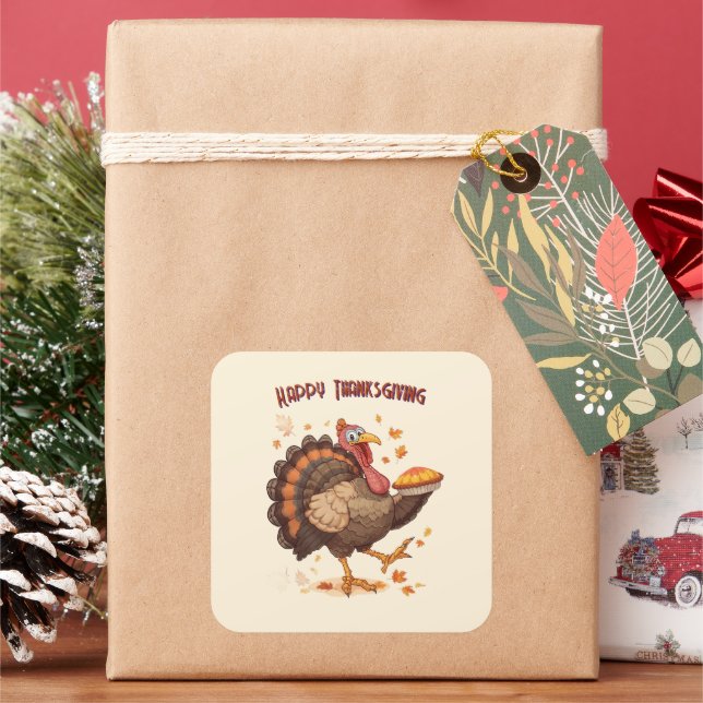 Pegatina Cuadrada Joyful Cartoon Turkey Thanksgiving Sticker (Vacaciones)