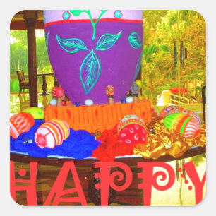 Pegatina Cuadrada Joyful Festive Springtime Easter Colorido Huevos A