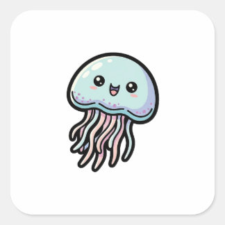 Pegatina Cuadrada Joyful Jellyfish – Cute Kawaii Illustration