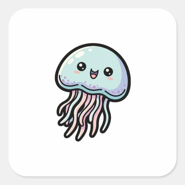 Pegatina Cuadrada Joyful Jellyfish – Cute Kawaii Illustration (Anverso)