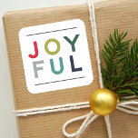 Pegatina Cuadrada Joyful Modern Colorful Red Green Holiday<br><div class="desc">This modern and minimal holiday sticker or envelope seal design features "JOYFUL" in sans serif lettering that is styled in festive seasonal colors. Colors include: holiday red,  lime green,  hunter green,  gray,  teal,  midnight blue,  and accents of dark gray horizontal stripes.</div>