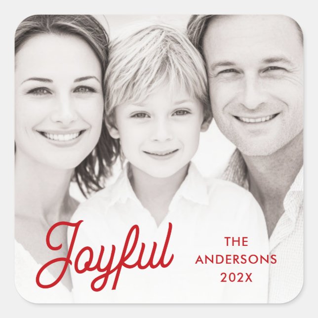 Pegatina Cuadrada Joyful red festive retro font name year photo (Anverso)