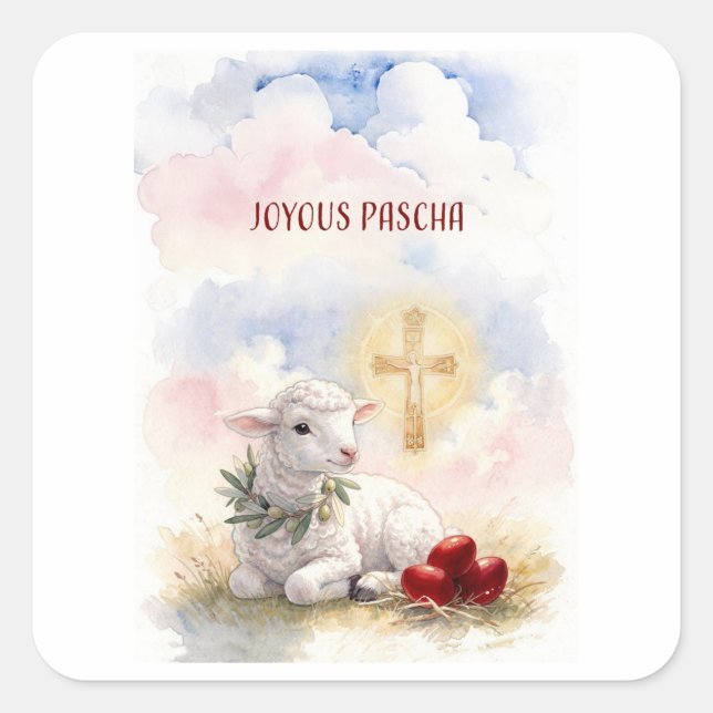 Pegatina Cuadrada Joyous Pascha Lamb, Red Eggs and Cross (Anverso)