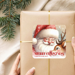 Pegatina Cuadrada Joyous Personalized Santa and Rudolph Christmas 