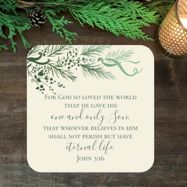 Pegatina Cuadrada Juan 3:16 Navidades únicos de vegetación de la Bib (John 3:16 elegant modern pine Christmas envelope sticker.  Unique Christian faith bible verse art.
)