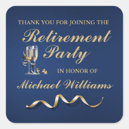 Pegatina Cuadrada Jubilación Clásica Formal Vidrio de Champagne Azul