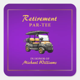 Pegatina Cuadrada Jubilación Elegante Tema Golf Cart Purple Gold