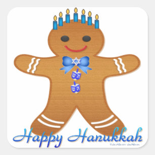 Pegatina Cuadrada Judaica Hanukkah Gingerbread Man Menorah