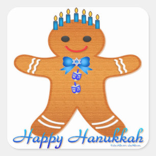 Pegatina Cuadrada Judaica Hanukkah Gingerbread Man Menorah