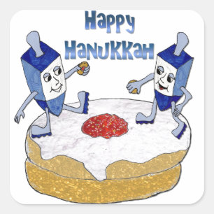 Pegatina Cuadrada Judaica Happy Hanukkah Dancing Dreidels Doughnut
