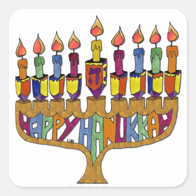 Pegatina Cuadrada Judaica Happy Hanukkah Dreidel Menorah (Anverso)