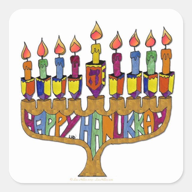 Pegatina Cuadrada Judaica Happy Hanukkah Dreidel Menorah (Anverso)