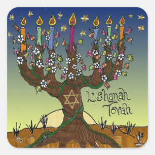 Pegatina Cuadrada Judaica L'shanah Tovah Árbol de la Vida Regalos Ro