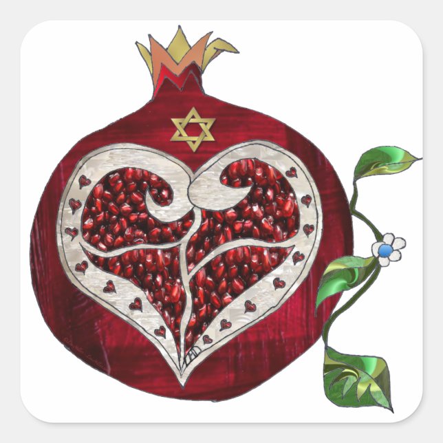 Pegatina Cuadrada Judaica Pomegranate Heart Hanukkah Rosh Hashanah (Anverso)