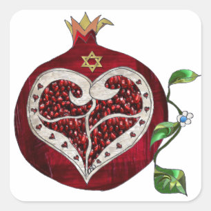 Pegatina Cuadrada Judaica Pomegranate Heart Hanukkah Rosh Hashanah