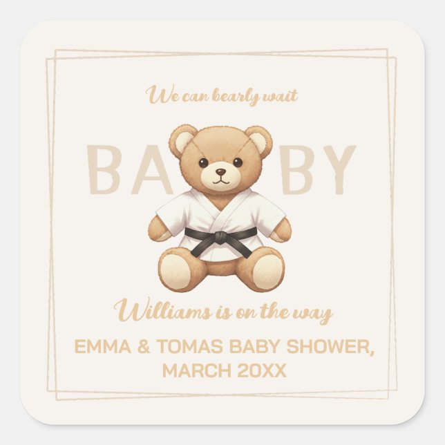Pegatina Cuadrada Judo Black Belt Bear Baby Shower Collection  (Anverso)