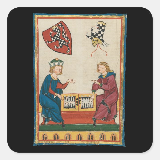 Pegatina Cuadrada Juego Backgammon, Arte Medieval del Siglo XIV (Anverso)