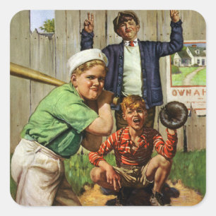 Pegatina Cuadrada Juego de béisbol vintage, niños jugador de deporte