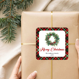 Pegatina Cuadrada Juego de corona de Navidad tradicional a cuadros r