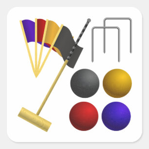 Pegatina Cuadrada Juego de equipo de croquet mazo pelotas aros