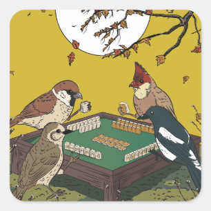 Pegatina Cuadrada Juego de pájaros jugando Mahjong 