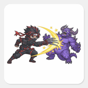 Pegatina Cuadrada Juego de rol de anime chibi de ninja golpe de garr