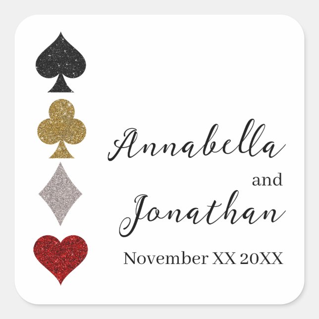 Pegatina Cuadrada Juego de tarjetas de purpurina Boda Casino Las Veg (Anverso)
