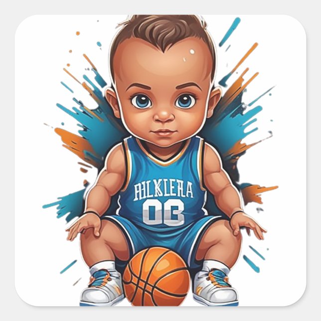 Pegatina Cuadrada Jugador de Baloncesto Bebé Adorable (Anverso)