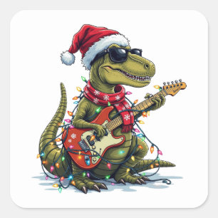 Pegatina Cuadrada Jugador de guitarra de dinosaurio navidad
