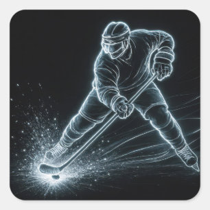 Pegatina Cuadrada Jugador de Hockey de Neón en Hielo