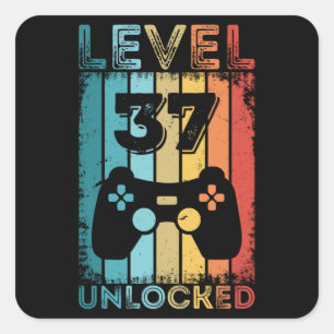 Pegatina Cuadrada Jugador de regalos de cumpleaños número 37 desbloq