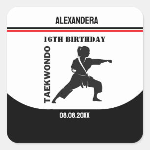 Pegatina Cuadrada Jugador de Taekwondo, Regalo de cumpleaños, Karate