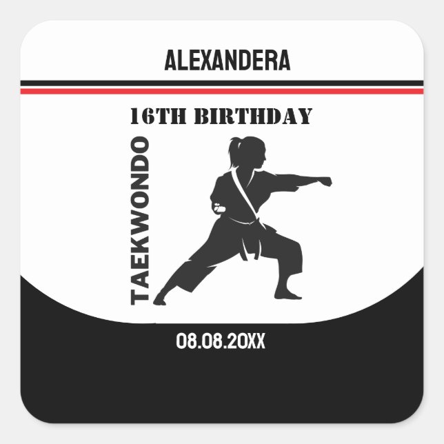Pegatina Cuadrada Jugador de Taekwondo, Regalo de cumpleaños, Karate (Anverso)