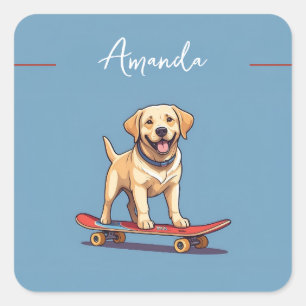 Pegatina Cuadrada Jugador Labrador de Patinaje Amarillo Jugativo