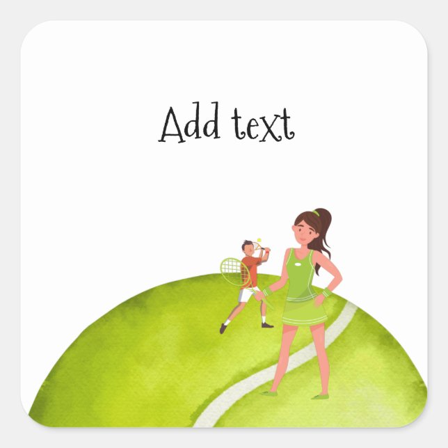 Pegatina Cuadrada Jugadora de tenis sostiene raqueta y bola (Anverso)