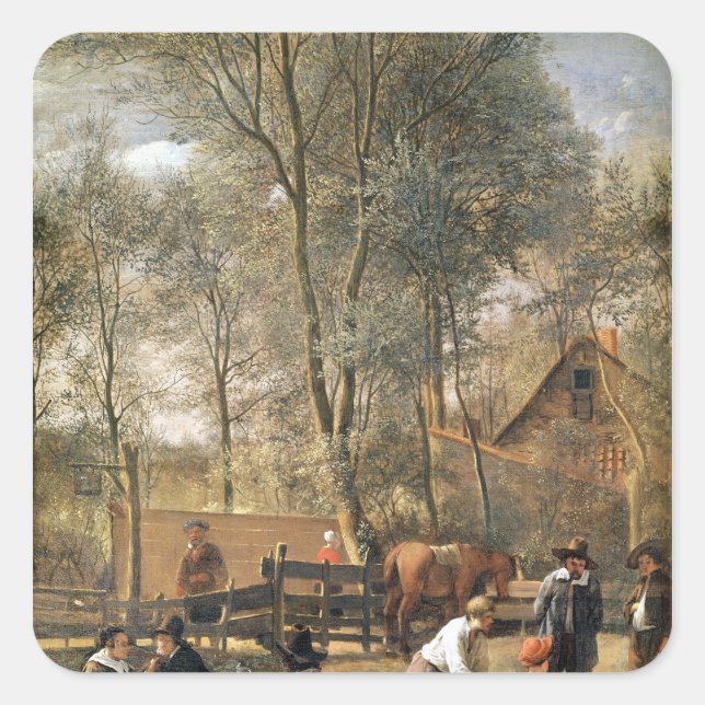 Pegatina Cuadrada Jugadores de Skittle afuera de una posada, c.1660- (Anverso)