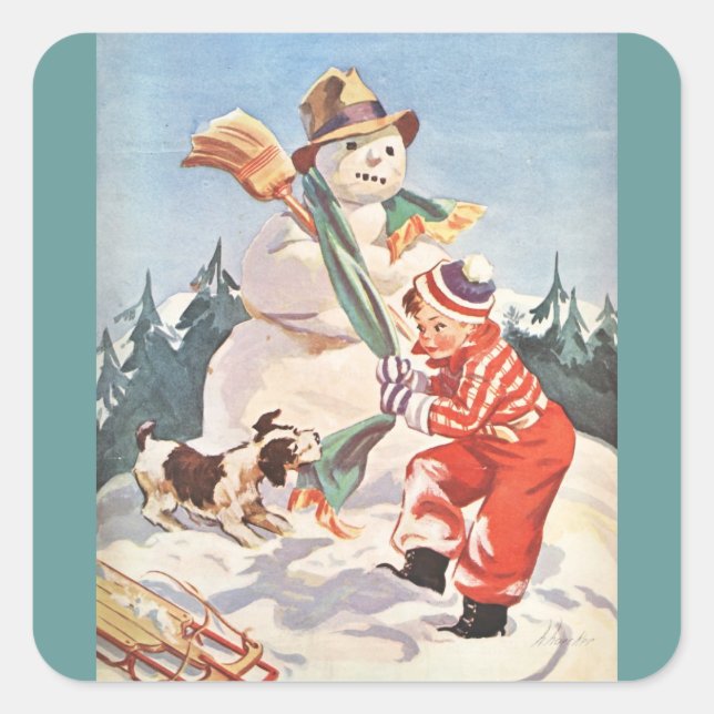 Pegatina Cuadrada Jugando en la nieve (Anverso)