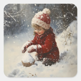 Pegatina Cuadrada Jugando en Nieve