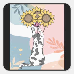 Pegatina Cuadrada Jugando Gato Con Mariposa Y Girasoles