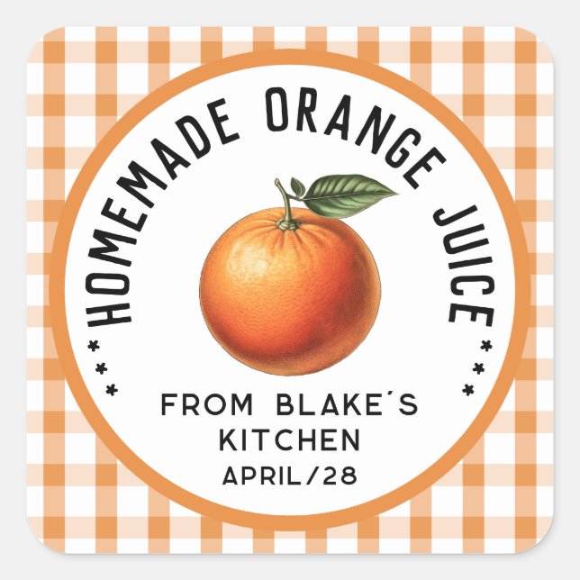 Pegatina Cuadrada Jugo de naranja casero con patrón de cuadros (Anverso)