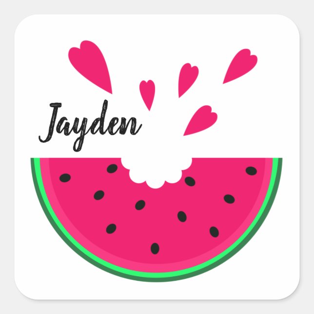 Pegatina Cuadrada Jugosa sandía roja y corazones, personalizados (Anverso)